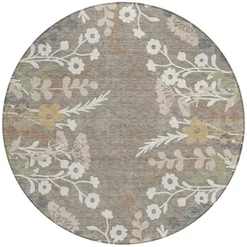 8' Taupe Green And Ivory Round Floral Washable Indoor Outdoor Area Rug