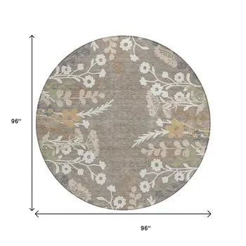 8' Taupe Green And Ivory Round Floral Washable Indoor Outdoor Area Rug