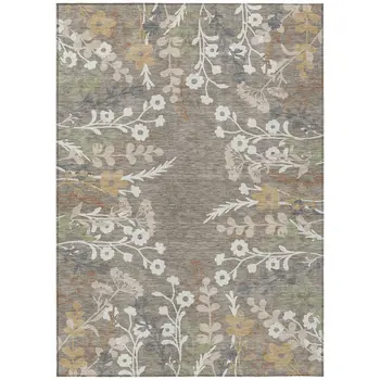 8' X 10' Taupe Green And Ivory Floral Washable Indoor Outdoor Area Rug