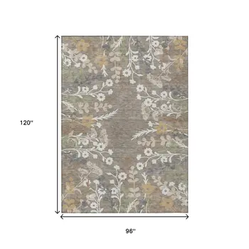 8' X 10' Taupe Green And Ivory Floral Washable Indoor Outdoor Area Rug