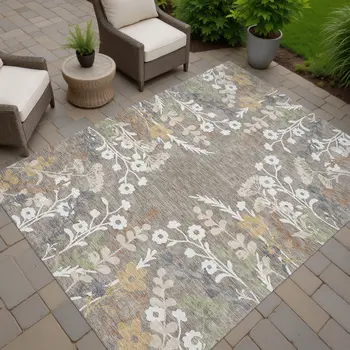 9' X 12' Taupe Green And Ivory Floral Washable Indoor Outdoor Area Rug