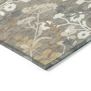9' X 12' Taupe Green And Ivory Floral Washable Indoor Outdoor Area Rug