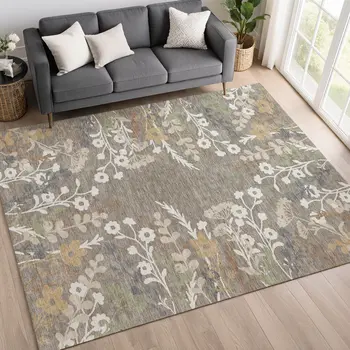 9' X 12' Taupe Green And Ivory Floral Washable Indoor Outdoor Area Rug