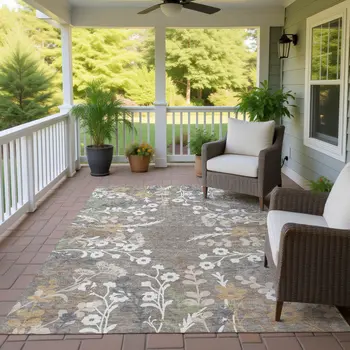 9' X 12' Taupe Green And Ivory Floral Washable Indoor Outdoor Area Rug