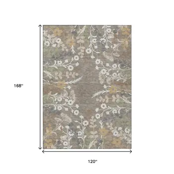 10' X 14' Taupe Green And Ivory Floral Washable Indoor Outdoor Area Rug