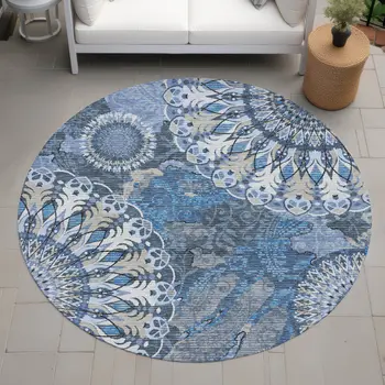 8' Blue Ivory And Beige Round Paisley Washable Indoor Outdoor Area Rug