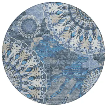 8' Blue Ivory And Beige Round Paisley Washable Indoor Outdoor Area Rug