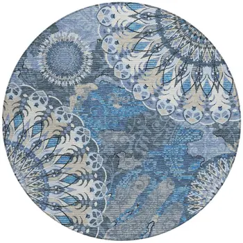 8' Blue Ivory And Beige Round Paisley Washable Indoor Outdoor Area Rug