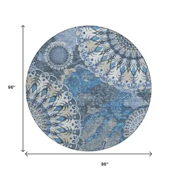 8' Blue Ivory And Beige Round Paisley Washable Indoor Outdoor Area Rug