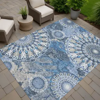 8' X 10' Blue Ivory And Beige Paisley Washable Indoor Outdoor Area Rug