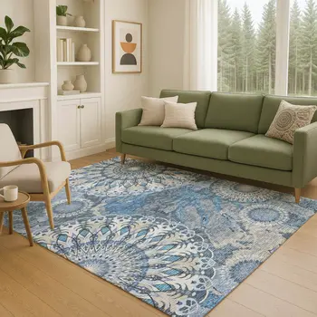 8' X 10' Blue Ivory And Beige Paisley Washable Indoor Outdoor Area Rug