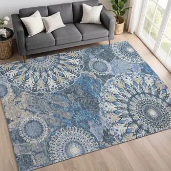 8' X 10' Blue Ivory And Beige Paisley Washable Indoor Outdoor Area Rug