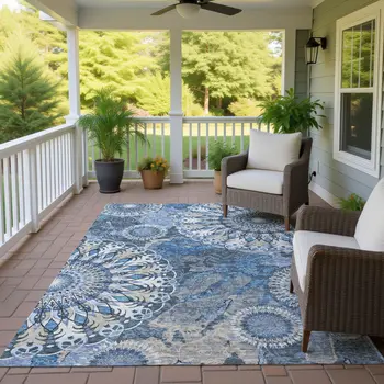 8' X 10' Blue Ivory And Beige Paisley Washable Indoor Outdoor Area Rug