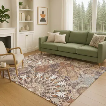 5' X 8' Copper Ivory And Khaki Paisley Washable Indoor Outdoor Area Rug