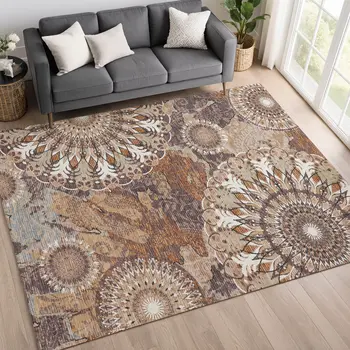 5' X 8' Copper Ivory And Khaki Paisley Washable Indoor Outdoor Area Rug