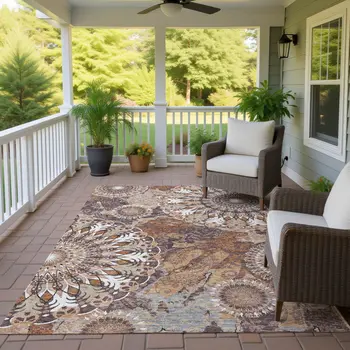 5' X 8' Copper Ivory And Khaki Paisley Washable Indoor Outdoor Area Rug