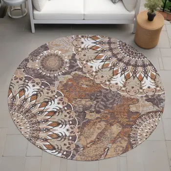 8' Copper Ivory And Khaki Round Paisley Washable Indoor Outdoor Area Rug
