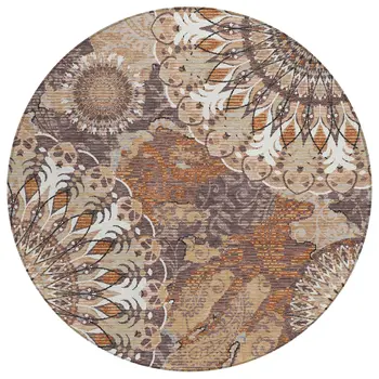 8' Copper Ivory And Khaki Round Paisley Washable Indoor Outdoor Area Rug