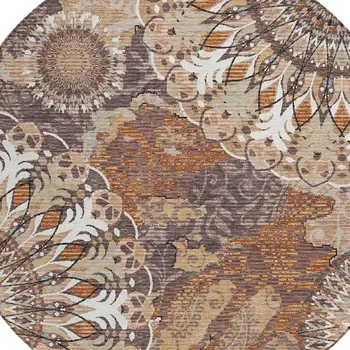 8' Copper Ivory And Khaki Round Paisley Washable Indoor Outdoor Area Rug
