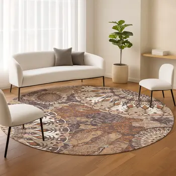 8' Copper Ivory And Khaki Round Paisley Washable Indoor Outdoor Area Rug