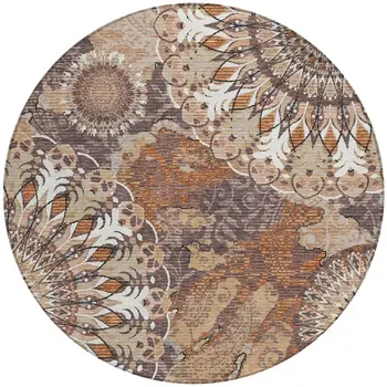 8' Copper Ivory And Khaki Round Paisley Washable Indoor Outdoor Area Rug