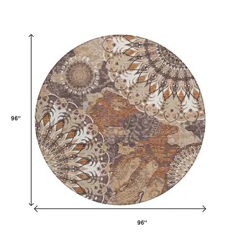 8' Copper Ivory And Khaki Round Paisley Washable Indoor Outdoor Area Rug