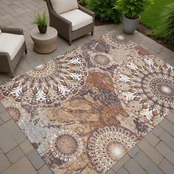 8' X 10' Copper Ivory And Khaki Paisley Washable Indoor Outdoor Area Rug