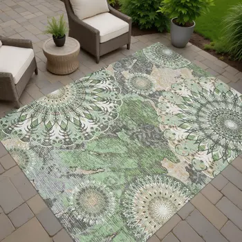 3' X 5' Green Ivory And Gold Paisley Washable Indoor Outdoor Area Rug