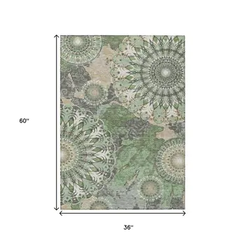 3' X 5' Green Ivory And Gold Paisley Washable Indoor Outdoor Area Rug