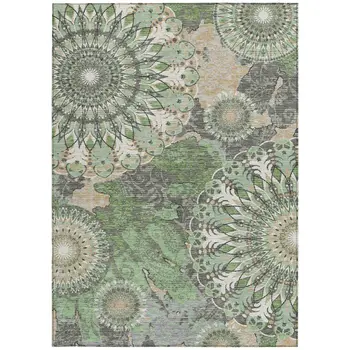 5' X 8' Green Ivory And Gold Paisley Washable Indoor Outdoor Area Rug