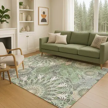 5' X 8' Green Ivory And Gold Paisley Washable Indoor Outdoor Area Rug