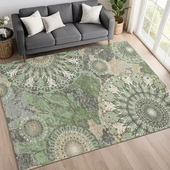 5' X 8' Green Ivory And Gold Paisley Washable Indoor Outdoor Area Rug