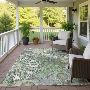 5' X 8' Green Ivory And Gold Paisley Washable Indoor Outdoor Area Rug