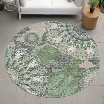 8' Green Ivory And Gold Round Paisley Washable Indoor Outdoor Area Rug