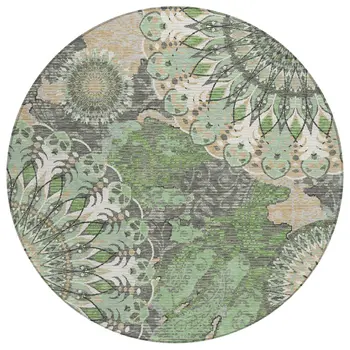 8' Green Ivory And Gold Round Paisley Washable Indoor Outdoor Area Rug