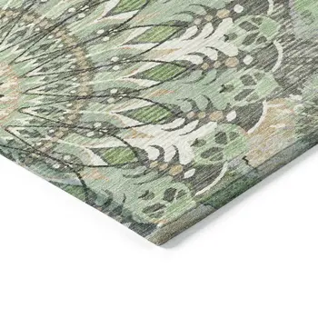 8' Green Ivory And Gold Round Paisley Washable Indoor Outdoor Area Rug