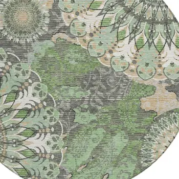 8' Green Ivory And Gold Round Paisley Washable Indoor Outdoor Area Rug