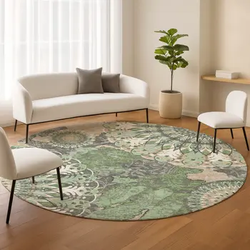 8' Green Ivory And Gold Round Paisley Washable Indoor Outdoor Area Rug