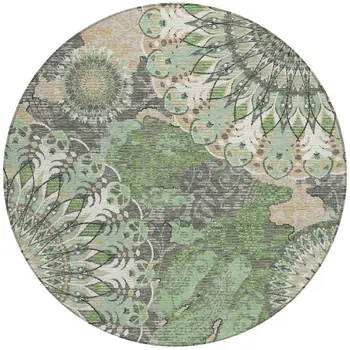 8' Green Ivory And Gold Round Paisley Washable Indoor Outdoor Area Rug