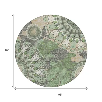 8' Green Ivory And Gold Round Paisley Washable Indoor Outdoor Area Rug