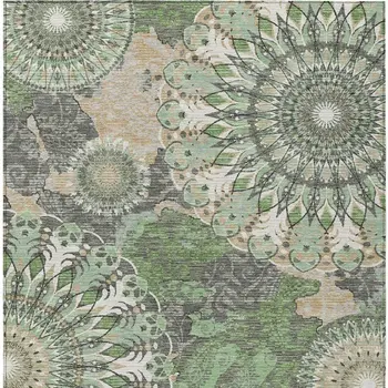 8' X 10' Green Ivory And Gold Paisley Washable Indoor Outdoor Area Rug