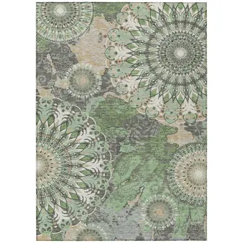8' X 10' Green Ivory And Gold Paisley Washable Indoor Outdoor Area Rug