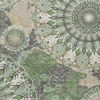 8' X 10' Green Ivory And Gold Paisley Washable Indoor Outdoor Area Rug