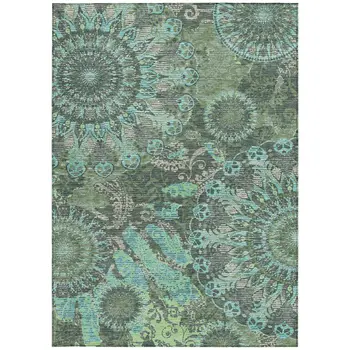 5' X 8' Olive Green Blue And Gray Paisley Washable Indoor Outdoor Area Rug