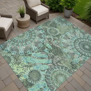 5' X 8' Olive Green Blue And Gray Paisley Washable Indoor Outdoor Area Rug