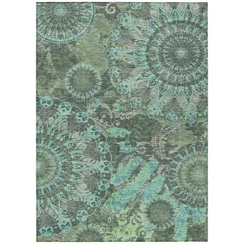 5' X 8' Olive Green Blue And Gray Paisley Washable Indoor Outdoor Area Rug