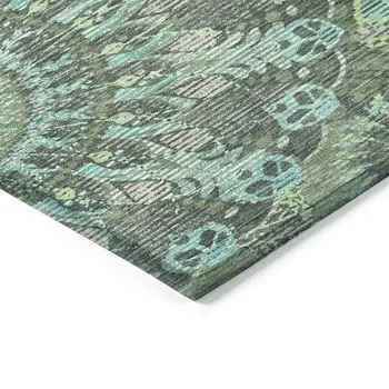 5' X 8' Olive Green Blue And Gray Paisley Washable Indoor Outdoor Area Rug