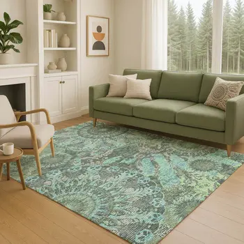 5' X 8' Olive Green Blue And Gray Paisley Washable Indoor Outdoor Area Rug