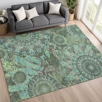 5' X 8' Olive Green Blue And Gray Paisley Washable Indoor Outdoor Area Rug