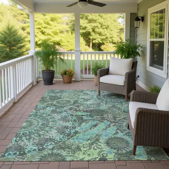 5' X 8' Olive Green Blue And Gray Paisley Washable Indoor Outdoor Area Rug